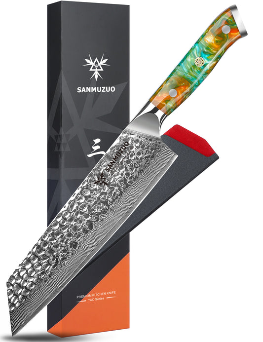 SANMUZUO 8.5" Kiritsuke Knife - Professional Kitchen Chef Knife - Hammered Damascus Steel & Resin Handle - YAO Series