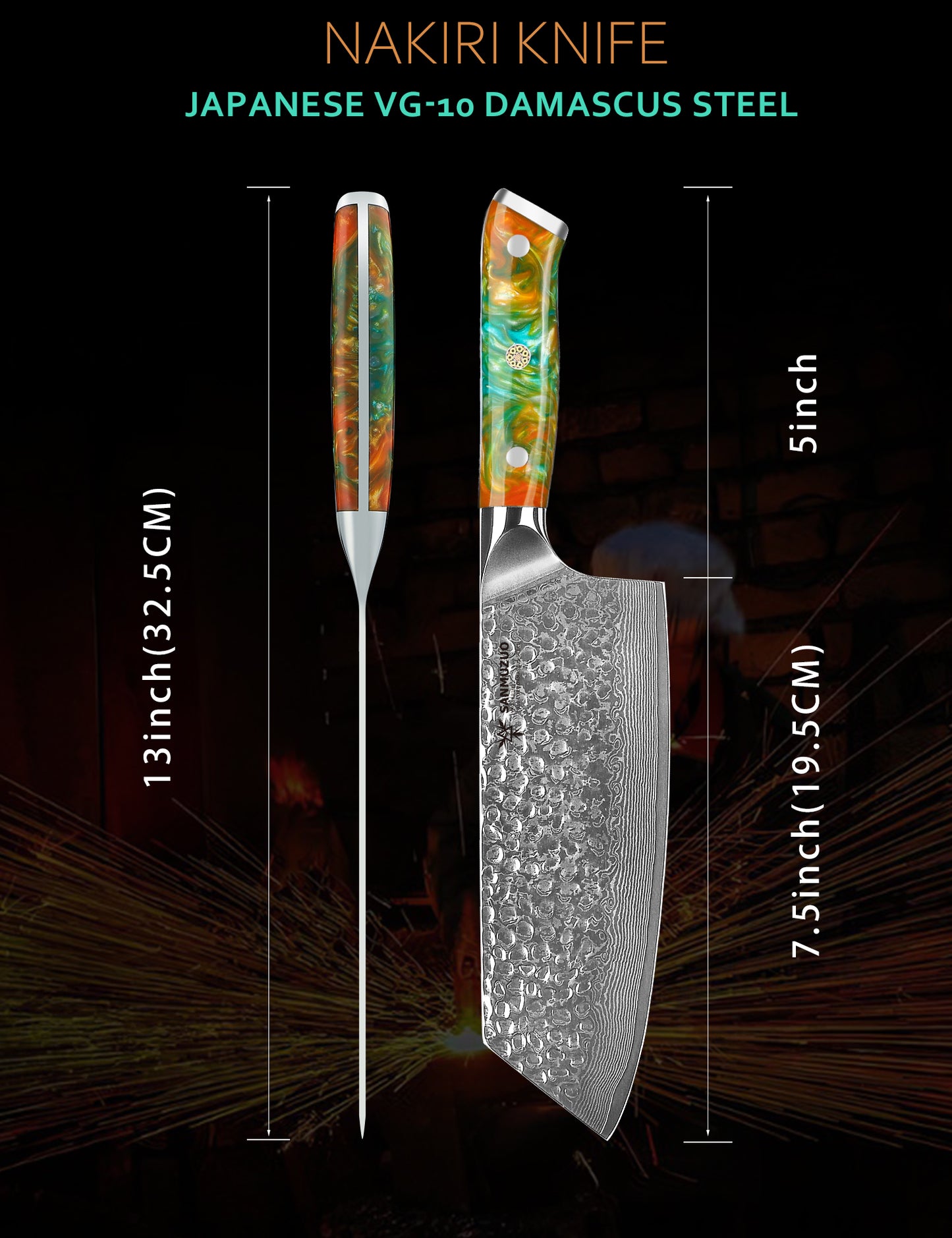 SANMUZUO 7.5" Nakiri Knife - Kitchen Vegetable Cleaver - Japanese Usuba Knife - Hammered Damascus Steel & Resin Handle - YAO Series