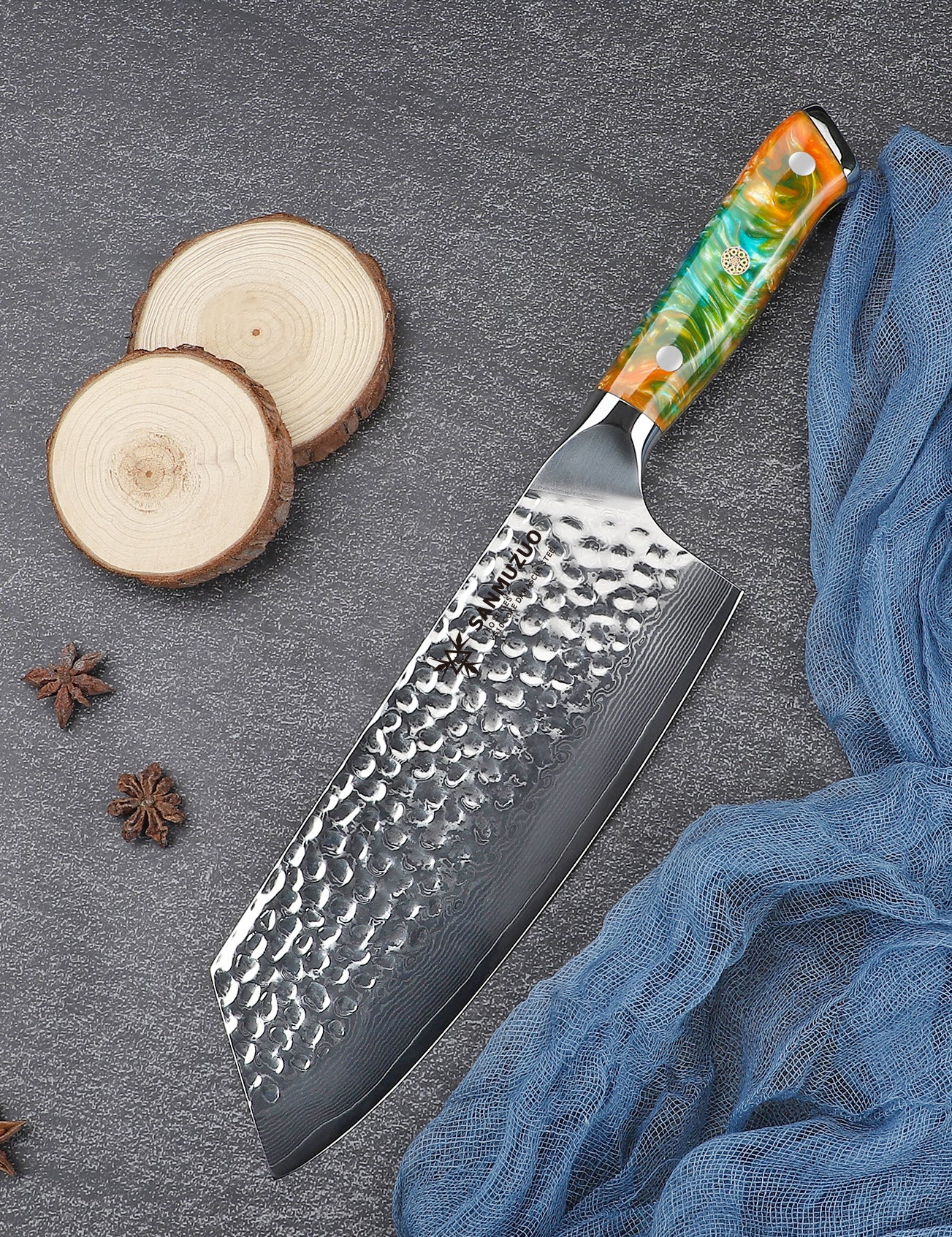 SANMUZUO 7.5" Nakiri Knife - Kitchen Vegetable Cleaver - Japanese Usuba Knife - Hammered Damascus Steel & Resin Handle - YAO Series