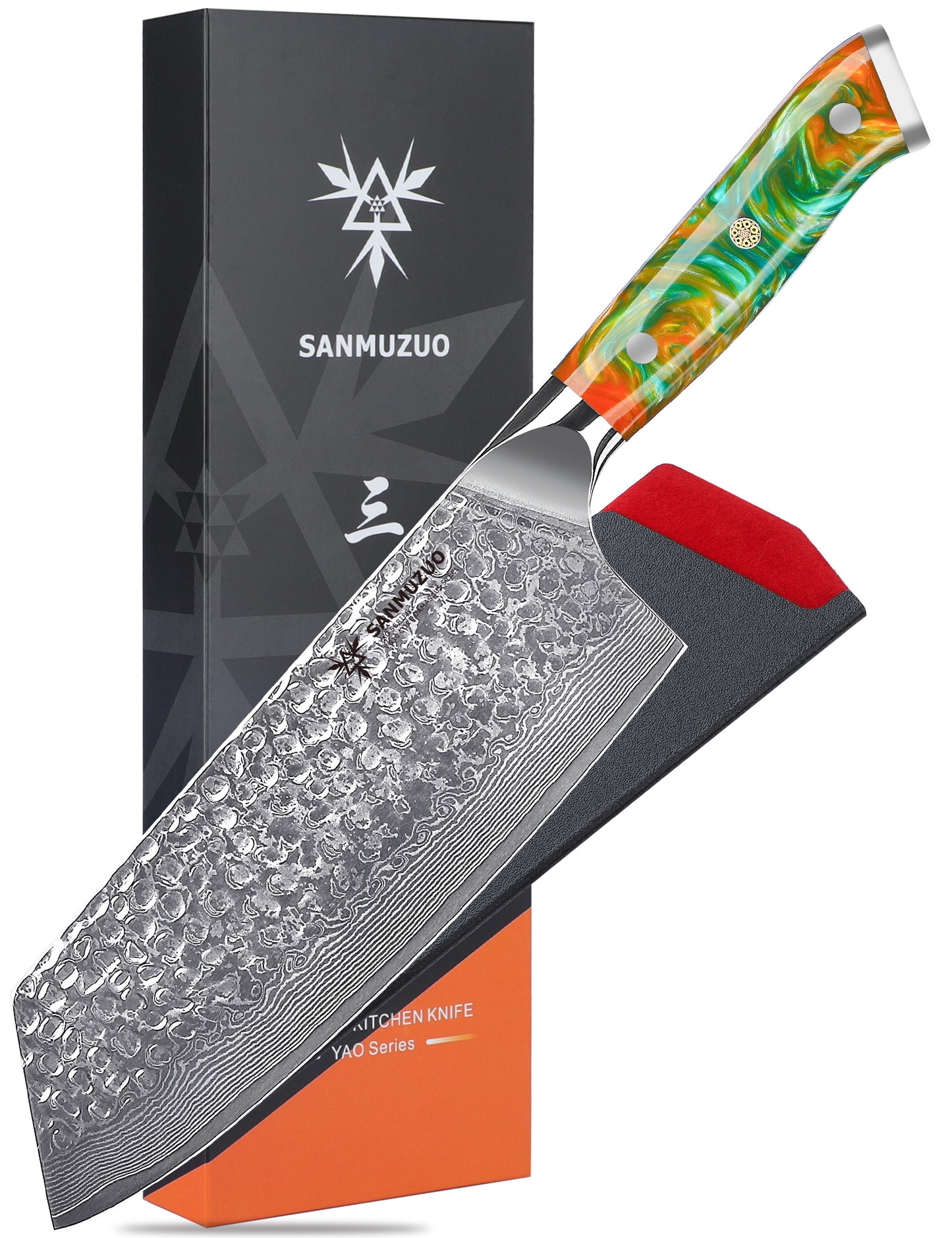 SANMUZUO 7.5" Nakiri Knife - Kitchen Vegetable Cleaver - Japanese Usuba Knife - Hammered Damascus Steel & Resin Handle - YAO Series