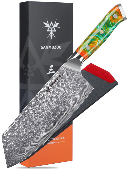 SANMUZUO 7.5" Nakiri Knife - Kitchen Vegetable Cleaver - Japanese Usuba Knife - Hammered Damascus Steel & Resin Handle - YAO Series