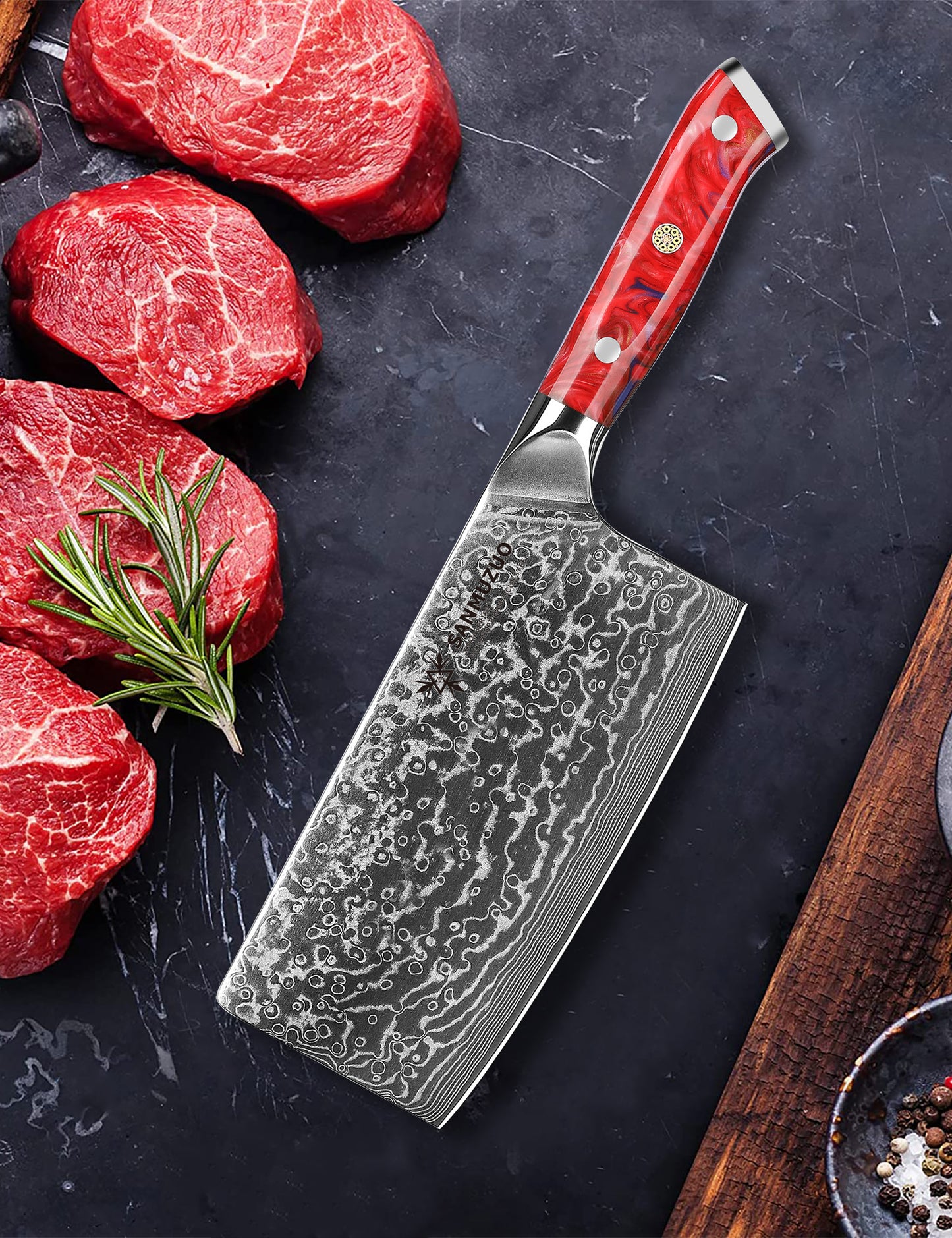 SANMUZUO Chinese Chef Knife - 7" Cleaver Knife- Xuan Series - VG10 Damascus Steel Kitchen Knife - Resin Handle