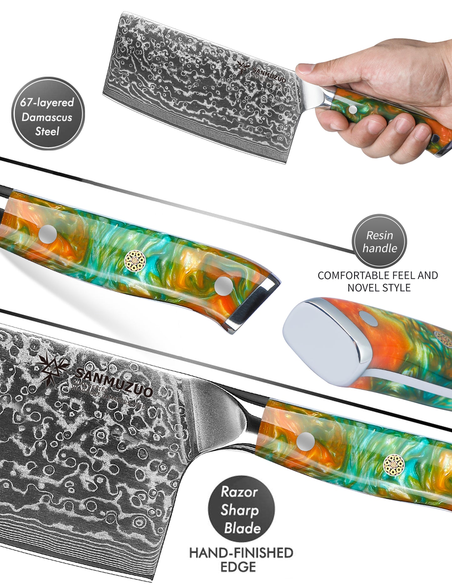 SANMUZUO Chinese Chef Knife - 7" Cleaver Knife- Xuan Series - VG10 Damascus Steel Kitchen Knife - Resin Handle