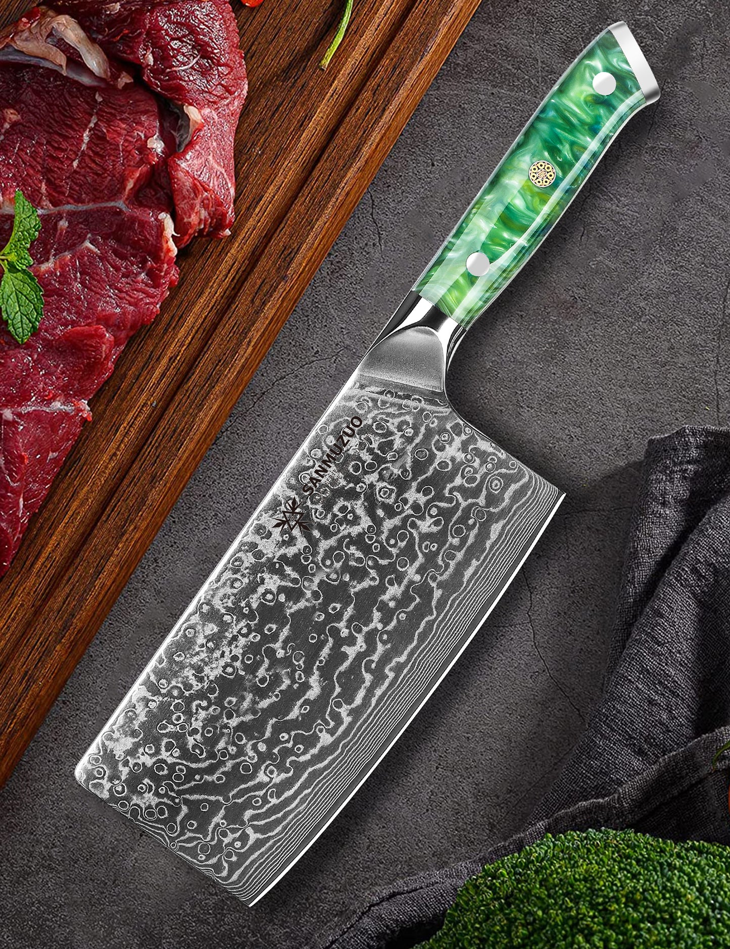 SANMUZUO Chinese Chef Knife - 7" Cleaver Knife- Xuan Series - VG10 Damascus Steel Kitchen Knife - Resin Handle
