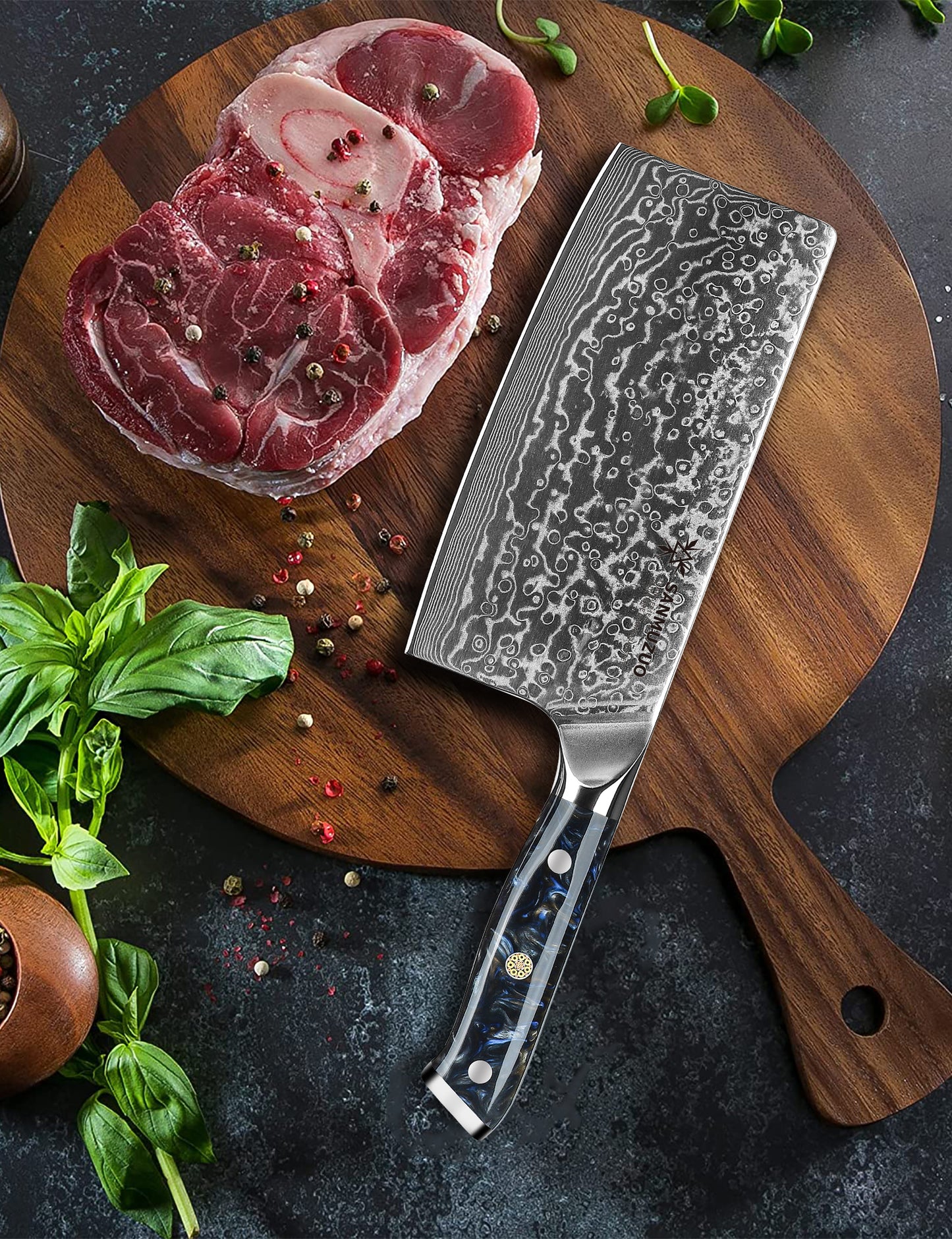SANMUZUO Chinese Chef Knife - 7" Cleaver Knife- Xuan Series - VG10 Damascus Steel Kitchen Knife - Resin Handle
