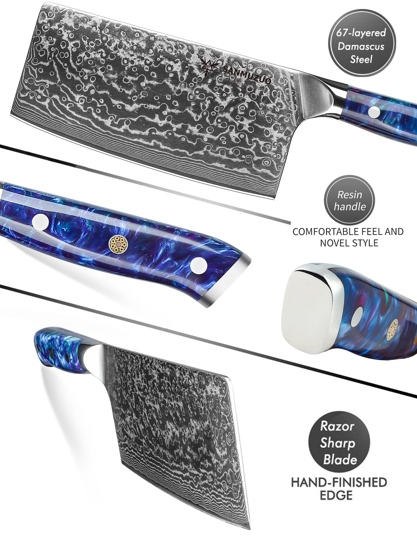 SANMUZUO Chinese Chef Knife - 7" Cleaver Knife- Xuan Series - VG10 Damascus Steel Kitchen Knife - Resin Handle