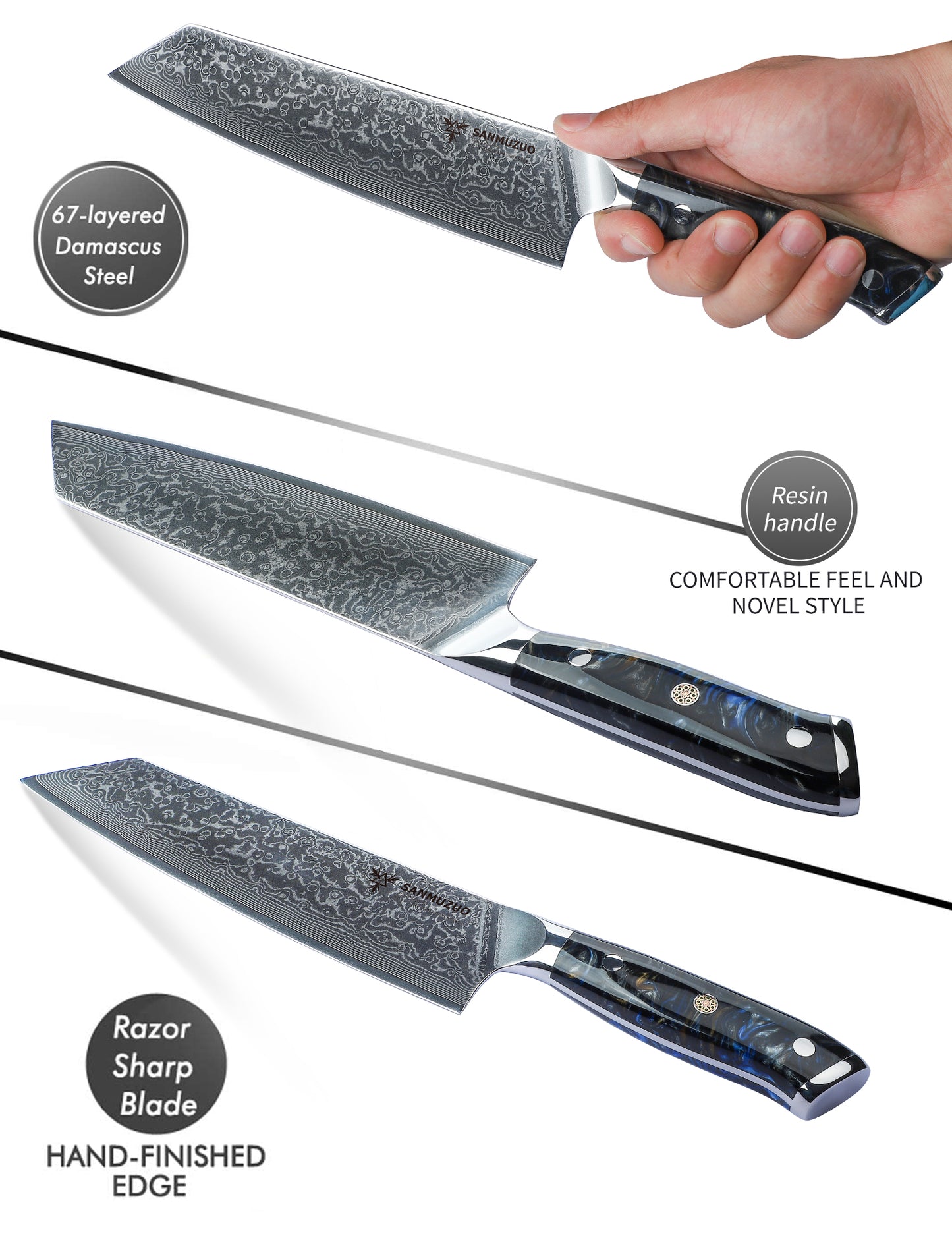 SANMUZUO 8.5 inch Kiritsuke Kitchen Chef Knife - 67Layers Damascus Steel & Resin Handle - Xuan Series