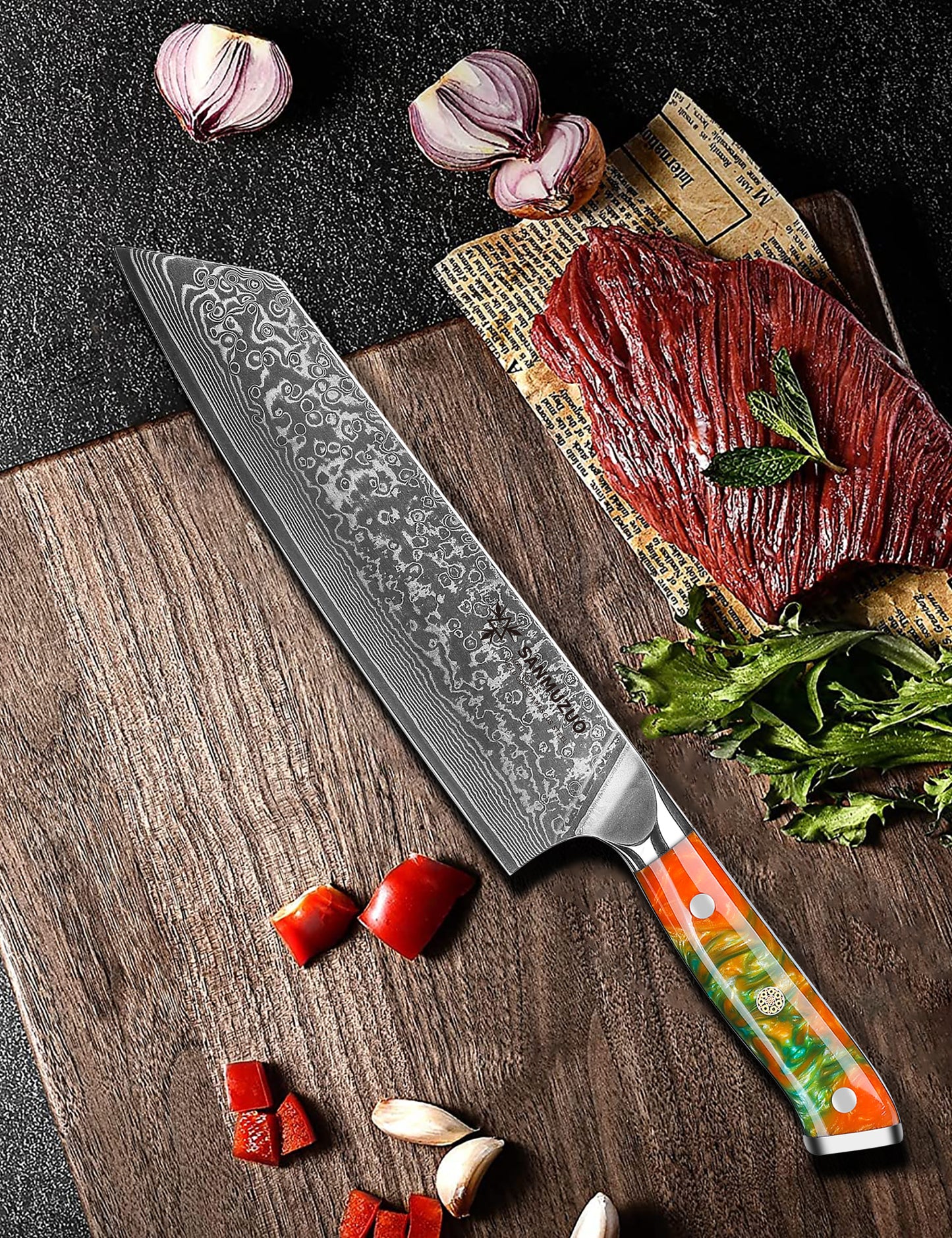 SANMUZUO 8.5 inch Kiritsuke Kitchen Chef Knife - 67Layers Damascus Steel & Resin Handle - Xuan Series