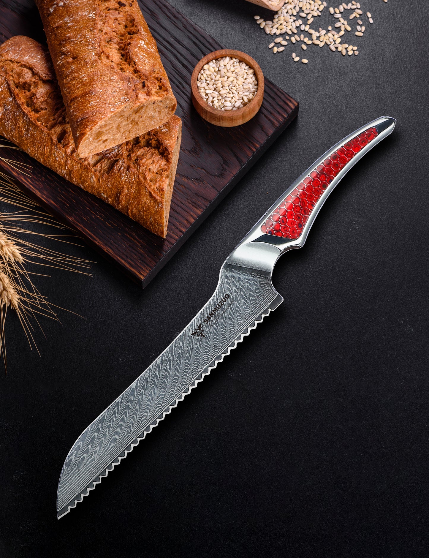 SANMUZUO 8 inch Serrated Bread Knife, Japanese VG-10 Damascus Steel Kitchen Knife, Ultra Sharp Bread Cutting Knife with Full-tang Handle in Honeycomb Resin, LA-S9 Series