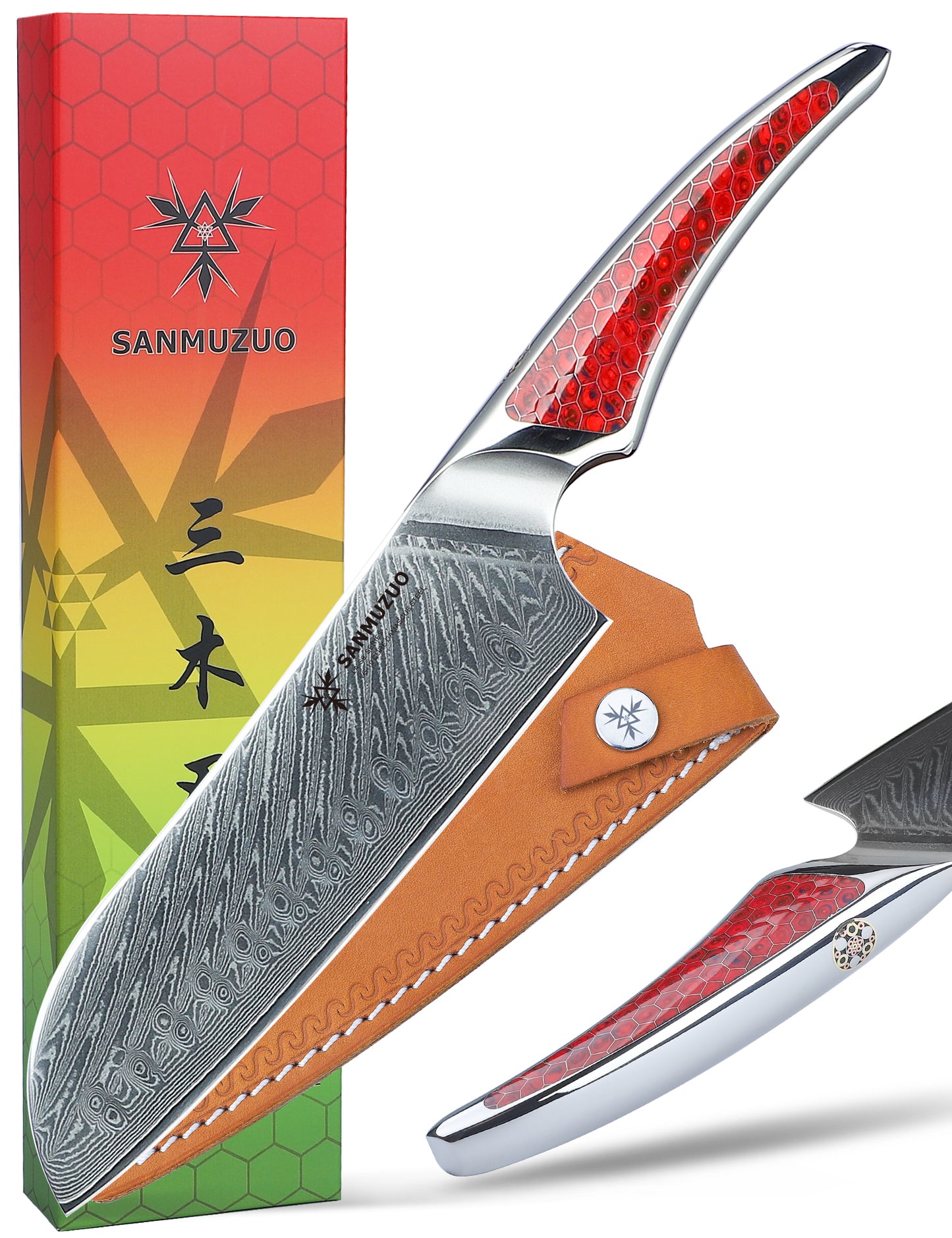 SANMUZUO 7 inch Santoku Knife, Japanese VG-10 Damascus Steel Chef Knife, Ultra Sharp Kitchen Knife with Full-tang Handle in Honeycomb Resin, LA-S9 Series