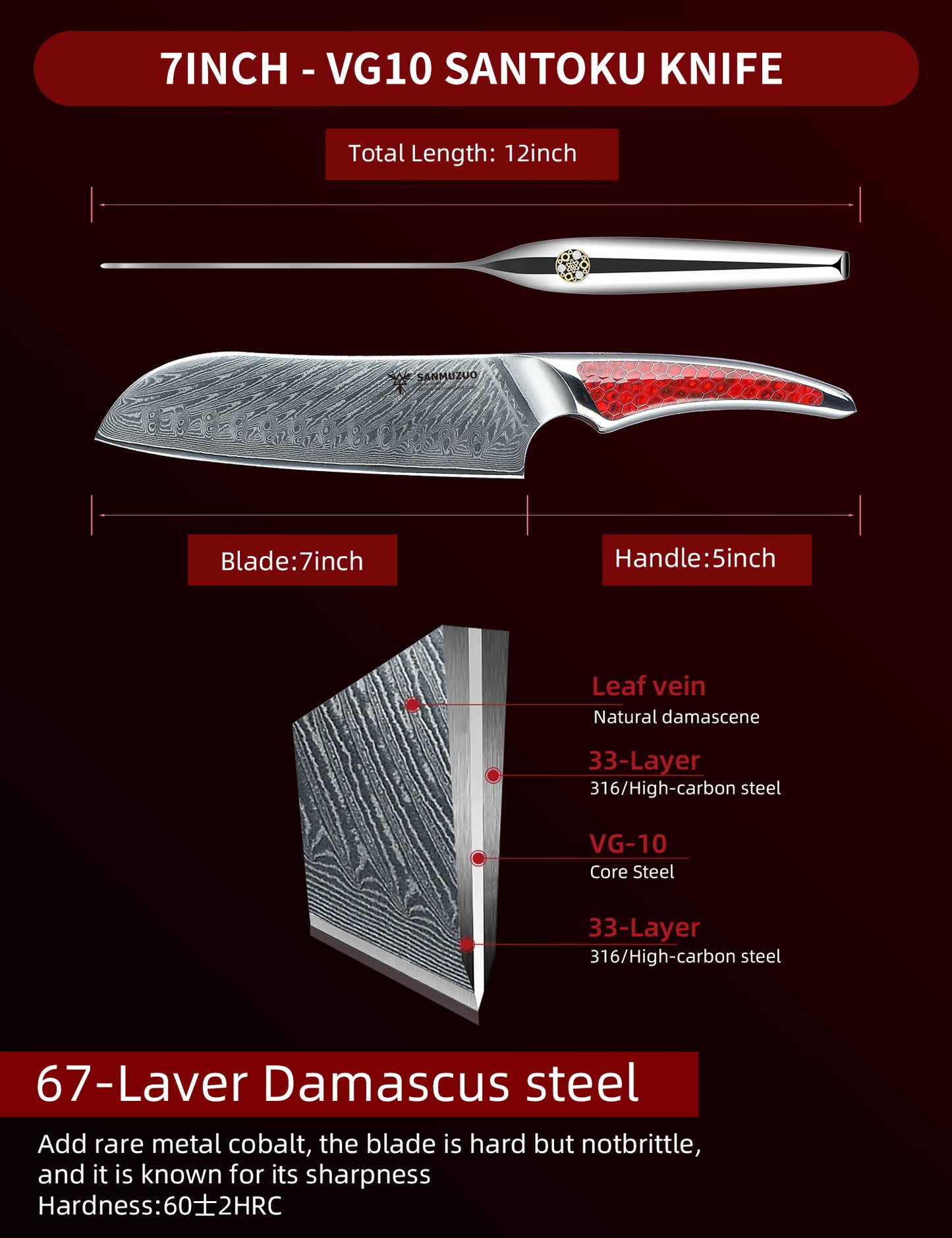 SANMUZUO 7 inch Santoku Knife, Japanese VG-10 Damascus Steel Chef Knife, Ultra Sharp Kitchen Knife with Full-tang Handle in Honeycomb Resin, LA-S9 Series