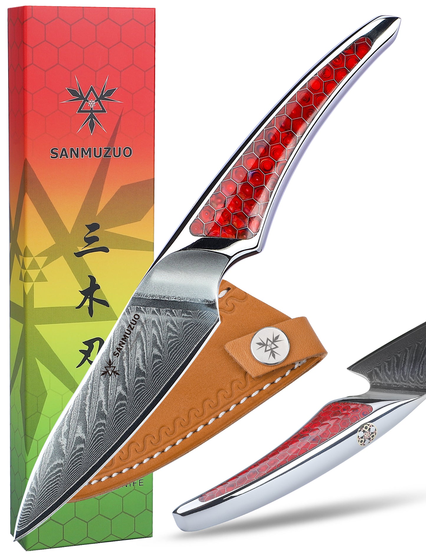 SANMUZUO 3.5 inch Paring Knife, Japanese VG-10 Damascus Steel Kitchen Knife, Ultra Sharp Fruit Knife with Full-tang Handle in Honeycomb Resin, LA-S9 Series