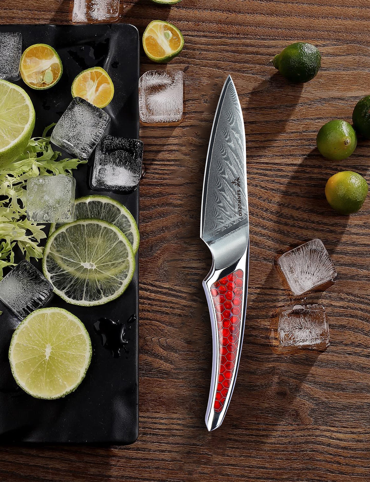 SANMUZUO 3.5 inch Paring Knife, Japanese VG-10 Damascus Steel Kitchen Knife, Ultra Sharp Fruit Knife with Full-tang Handle in Honeycomb Resin, LA-S9 Series