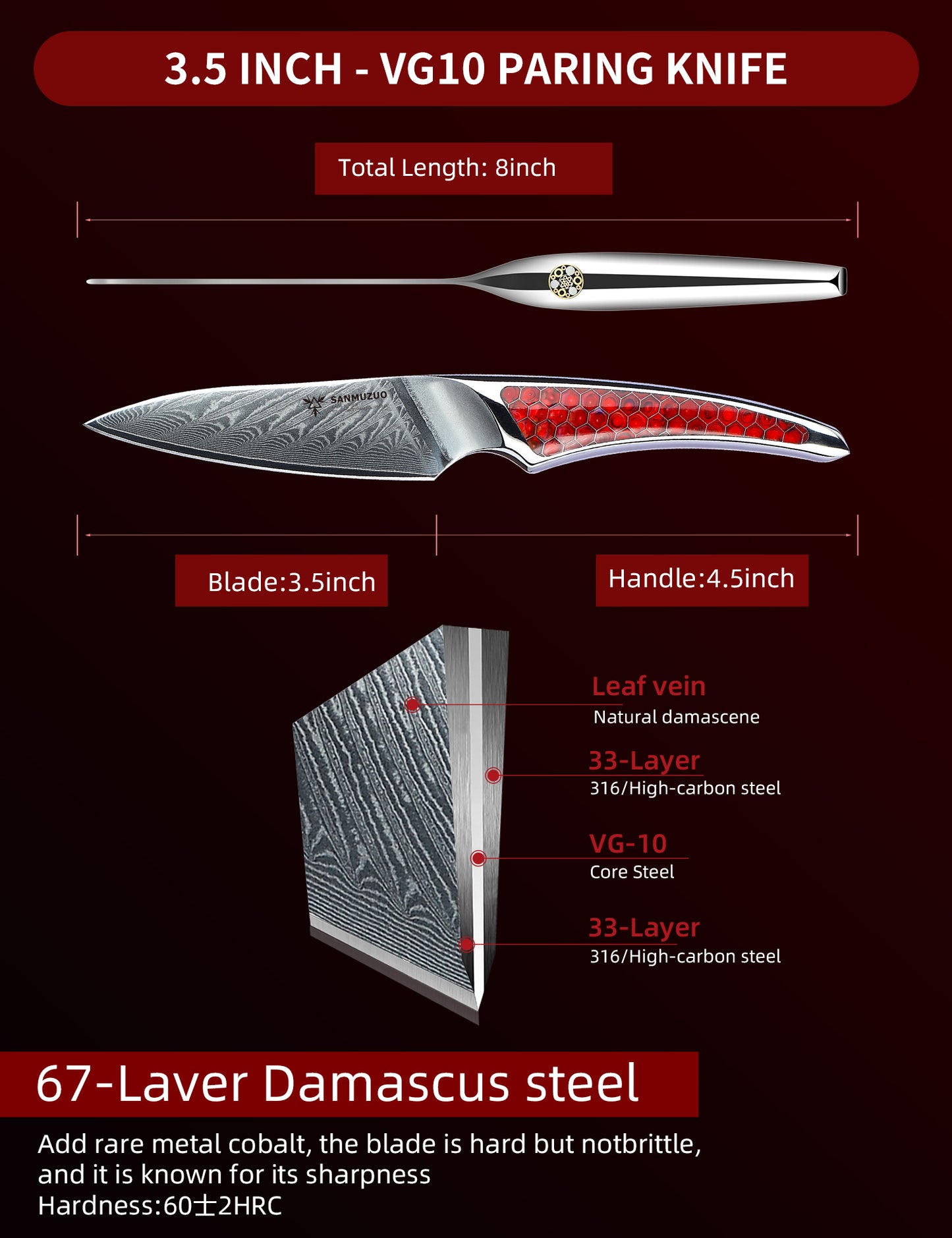 SANMUZUO 3.5 inch Paring Knife, Japanese VG-10 Damascus Steel Kitchen Knife, Ultra Sharp Fruit Knife with Full-tang Handle in Honeycomb Resin, LA-S9 Series