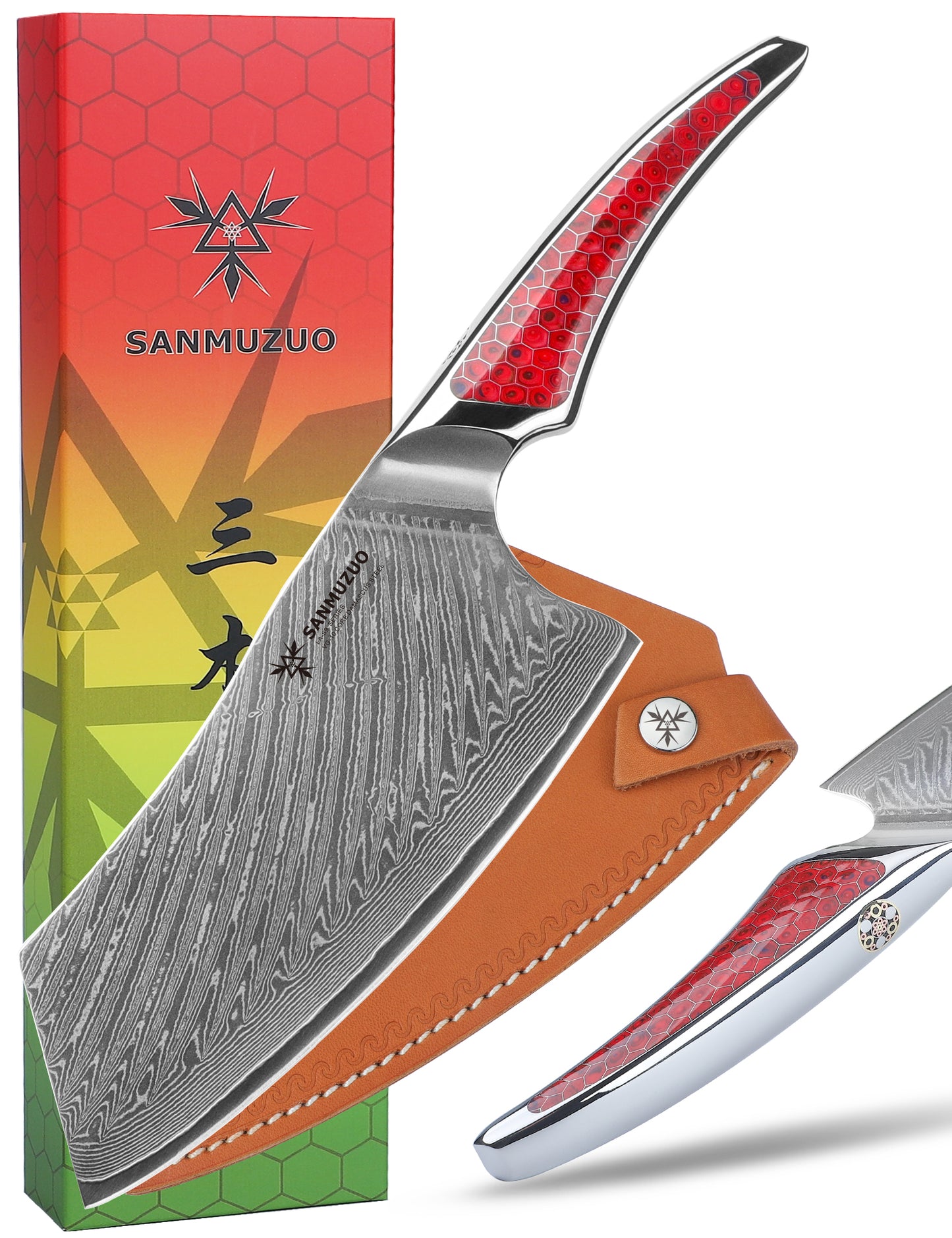 SANMUZUO 7 inch Nakiri Knife, Japanese VG-10 Damascus Steel Meat Cleaver, Ultra Sharp Vegetable Knife with Full-tang Handle in Honeycomb Resin, LA-S9 Series