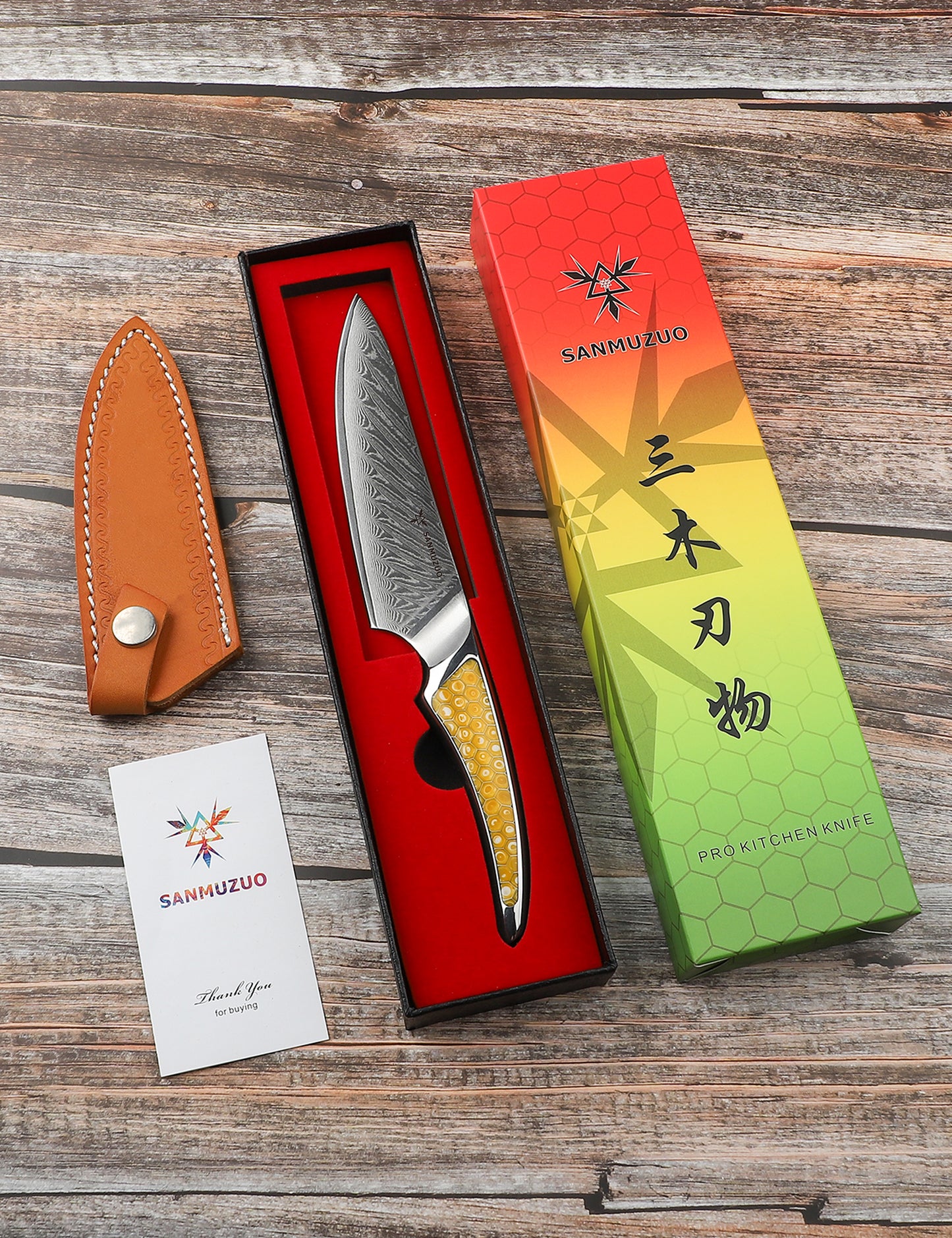 SANMUZUO 5 inch Utility Knife, Japanese VG-10 Damascus Steel Kitchen Knife, Ultra Sharp Fruit Knife with Full-tang Handle in Honeycomb Resin, LA-S9 Series