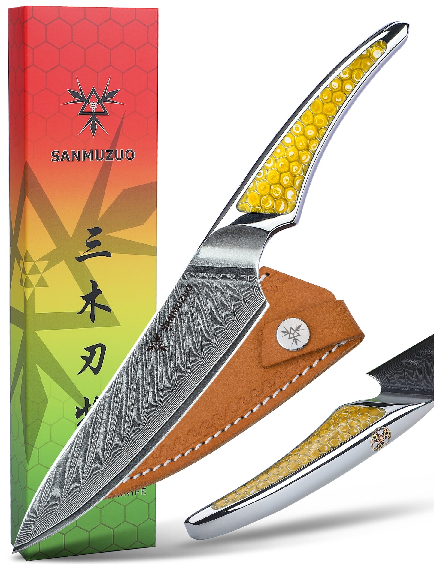 SANMUZUO 5 inch Utility Knife, Japanese VG-10 Damascus Steel Kitchen Knife, Ultra Sharp Fruit Knife with Full-tang Handle in Honeycomb Resin, LA-S9 Series