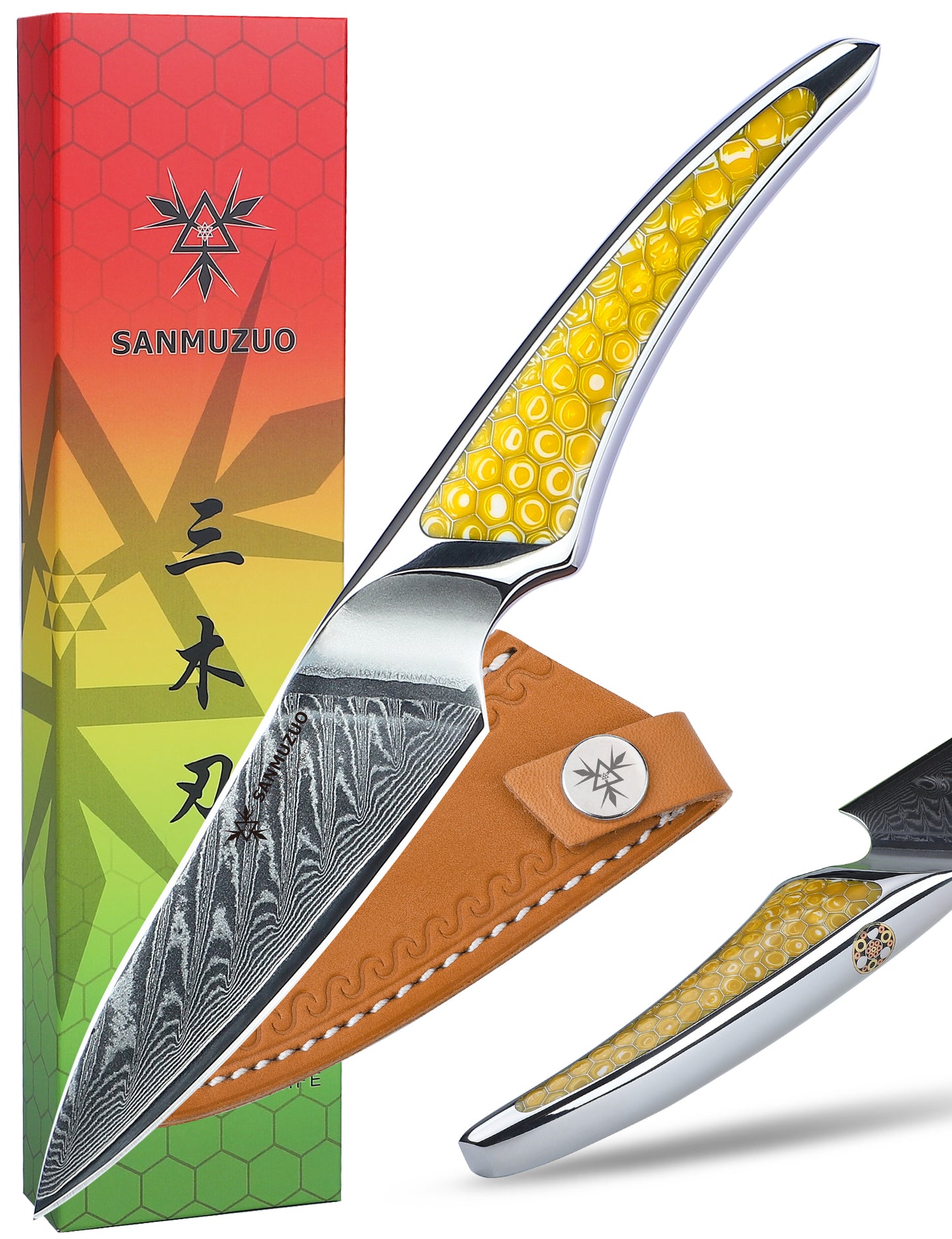 SANMUZUO 3.5 inch Paring Knife, Japanese VG-10 Damascus Steel Kitchen Knife, Ultra Sharp Fruit Knife with Full-tang Handle in Honeycomb Resin, LA-S9 Series