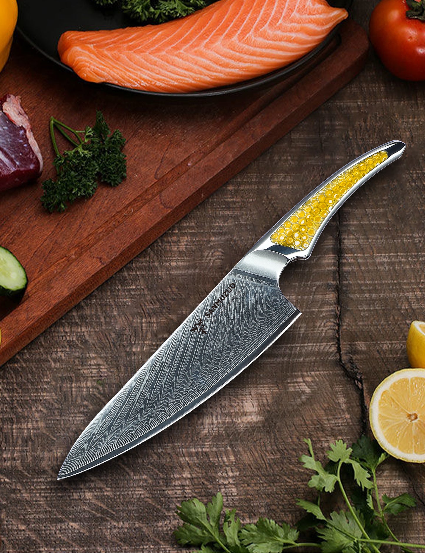 SANMUZUO 8 inch Chef Knife, Japanese VG-10 Damascus Steel Kitchen Knife, Ultra Sharp Cooking Knife with Full-tang Handle in Honeycomb Resin, LA-S9 Series