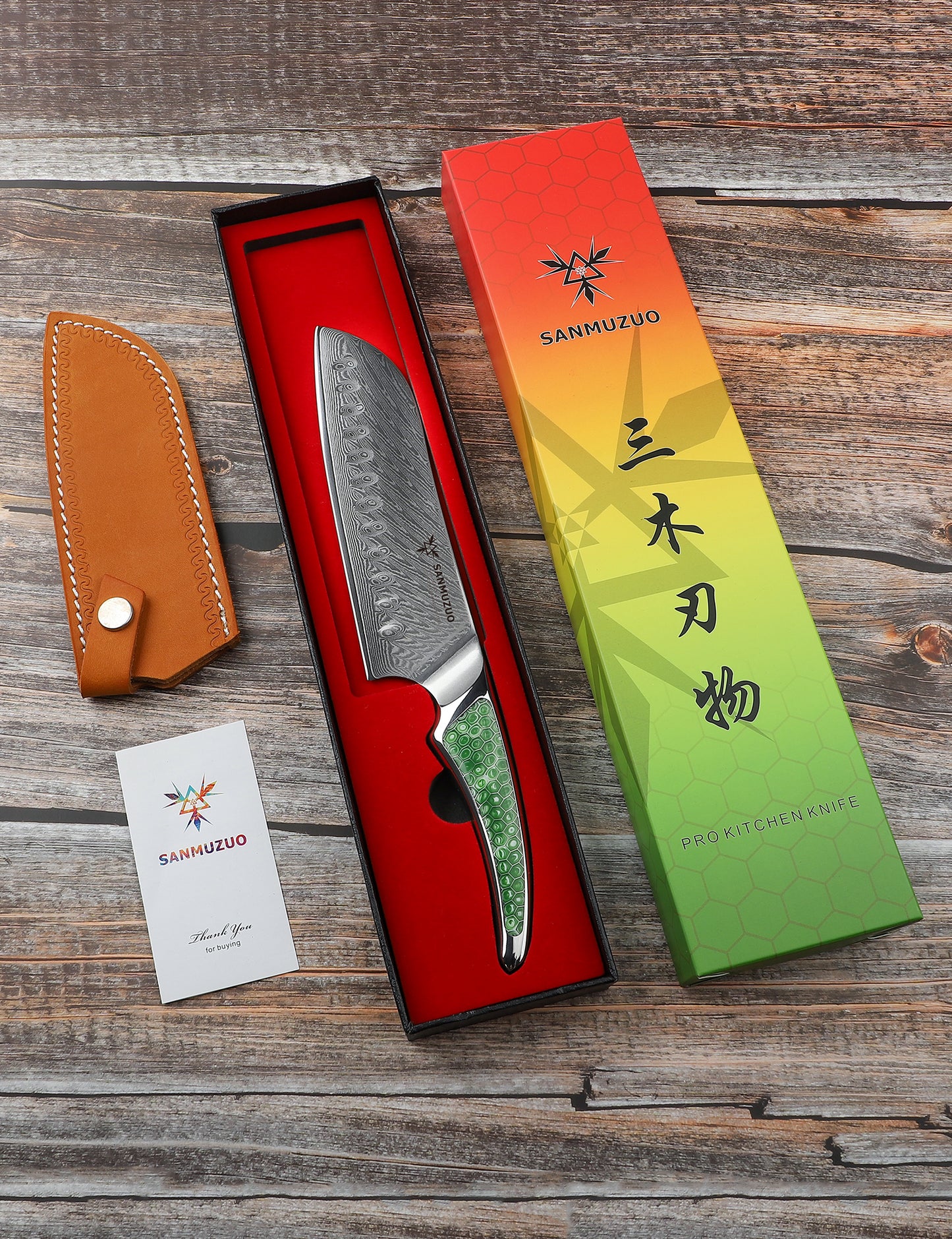 SANMUZUO 7 inch Santoku Knife, Japanese VG-10 Damascus Steel Chef Knife, Ultra Sharp Kitchen Knife with Full-tang Handle in Honeycomb Resin, LA-S9 Series