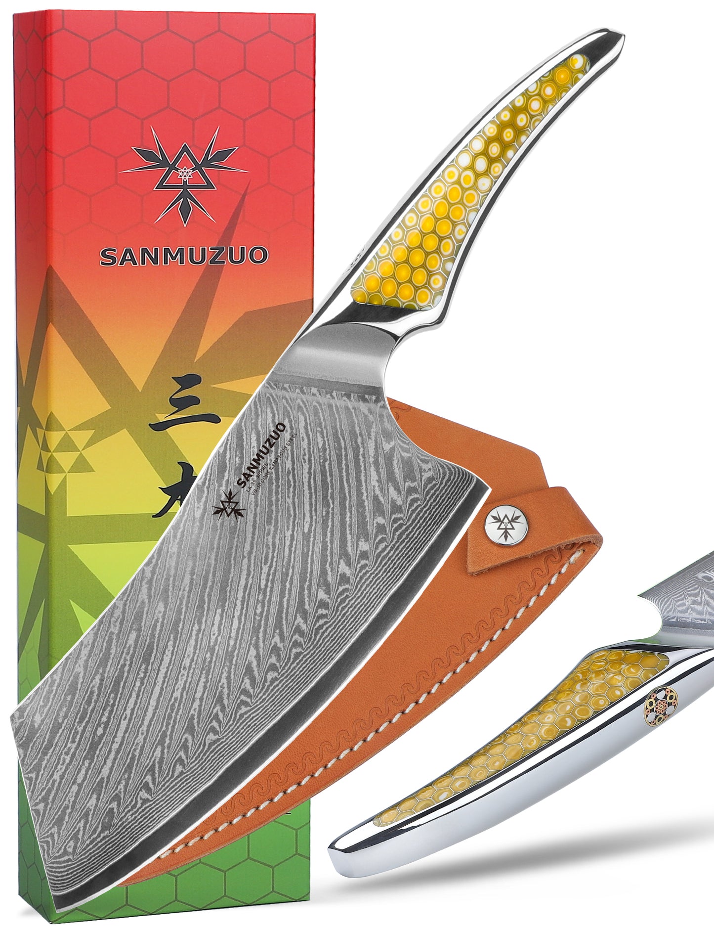 SANMUZUO 7 inch Nakiri Knife, Japanese VG-10 Damascus Steel Meat Cleaver, Ultra Sharp Vegetable Knife with Full-tang Handle in Honeycomb Resin, LA-S9 Series