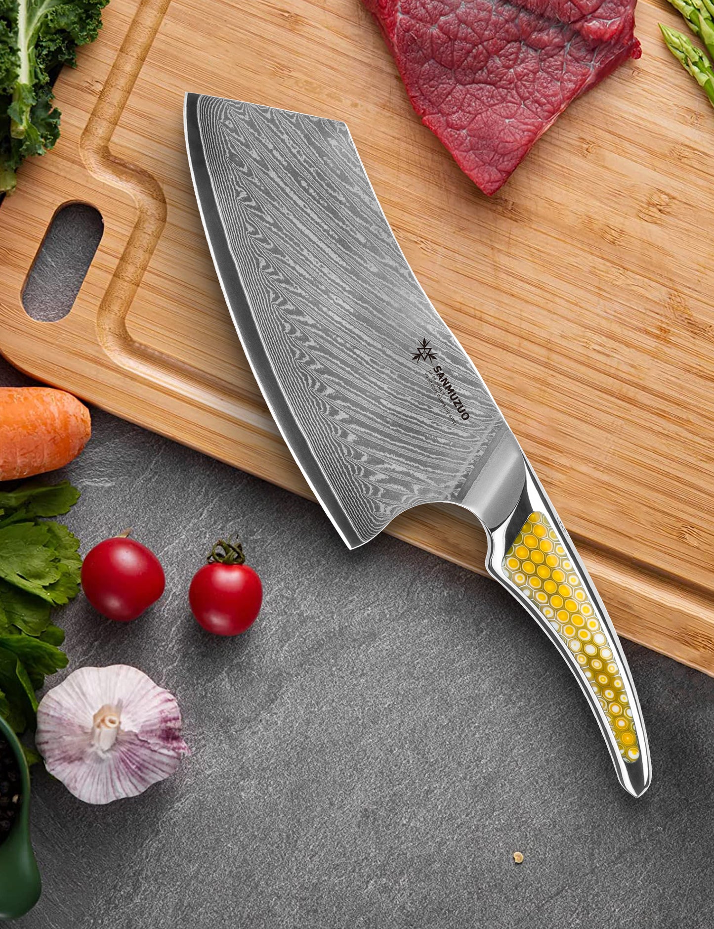 SANMUZUO 7 inch Nakiri Knife, Japanese VG-10 Damascus Steel Meat Cleaver, Ultra Sharp Vegetable Knife with Full-tang Handle in Honeycomb Resin, LA-S9 Series