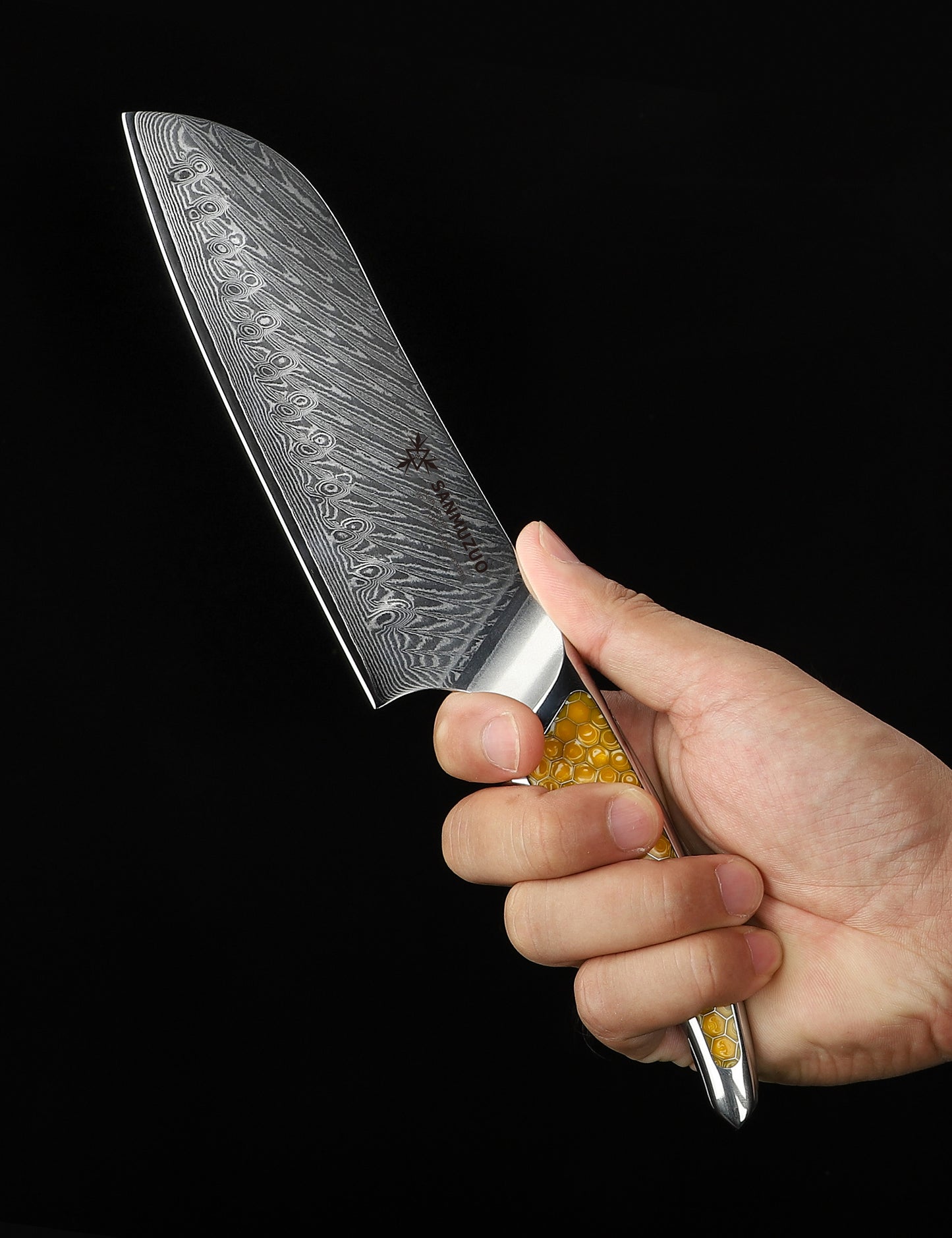 SANMUZUO 7 inch Santoku Knife, Japanese VG-10 Damascus Steel Chef Knife, Ultra Sharp Kitchen Knife with Full-tang Handle in Honeycomb Resin, LA-S9 Series