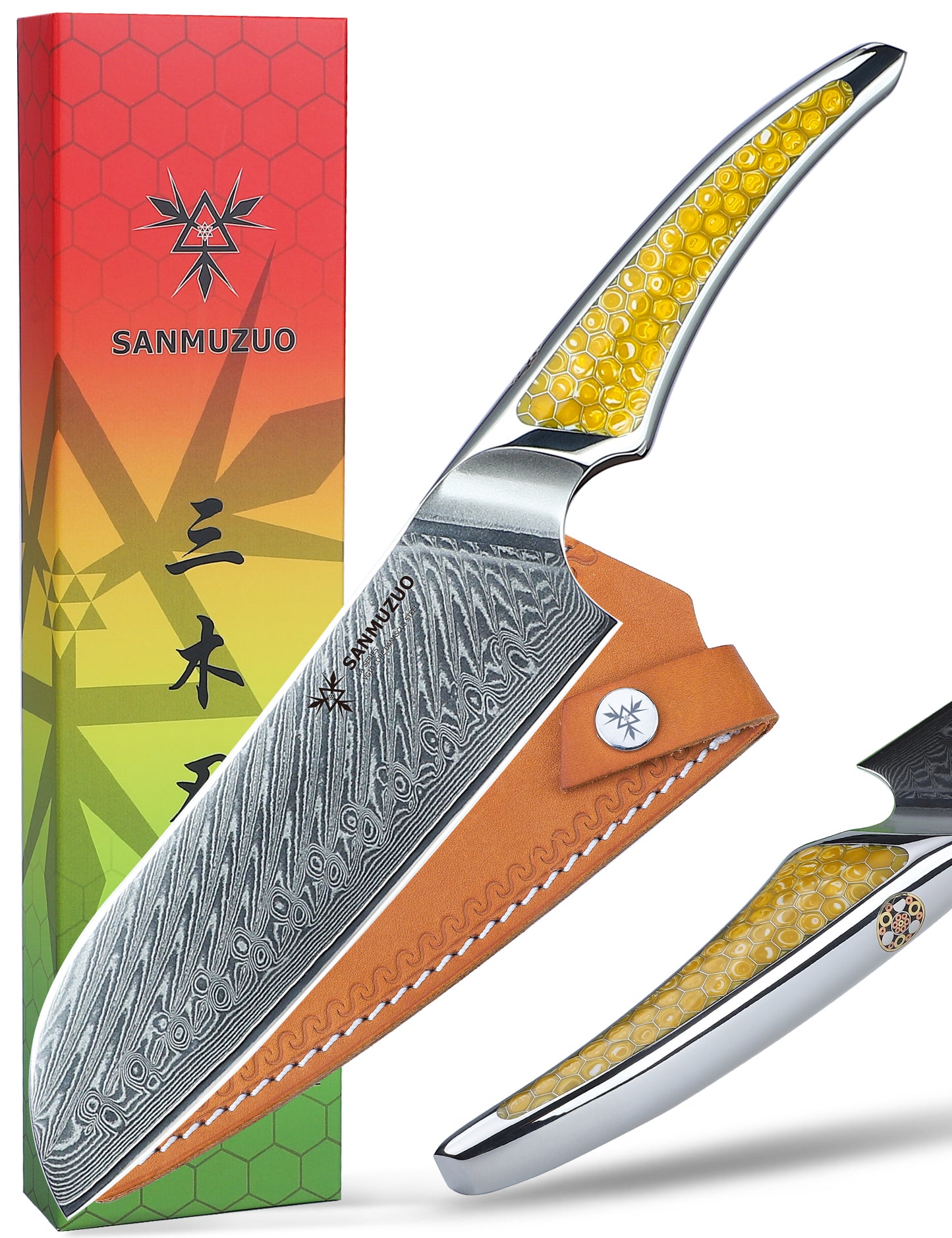 SANMUZUO 7 inch Santoku Knife, Japanese VG-10 Damascus Steel Chef Knife, Ultra Sharp Kitchen Knife with Full-tang Handle in Honeycomb Resin, LA-S9 Series