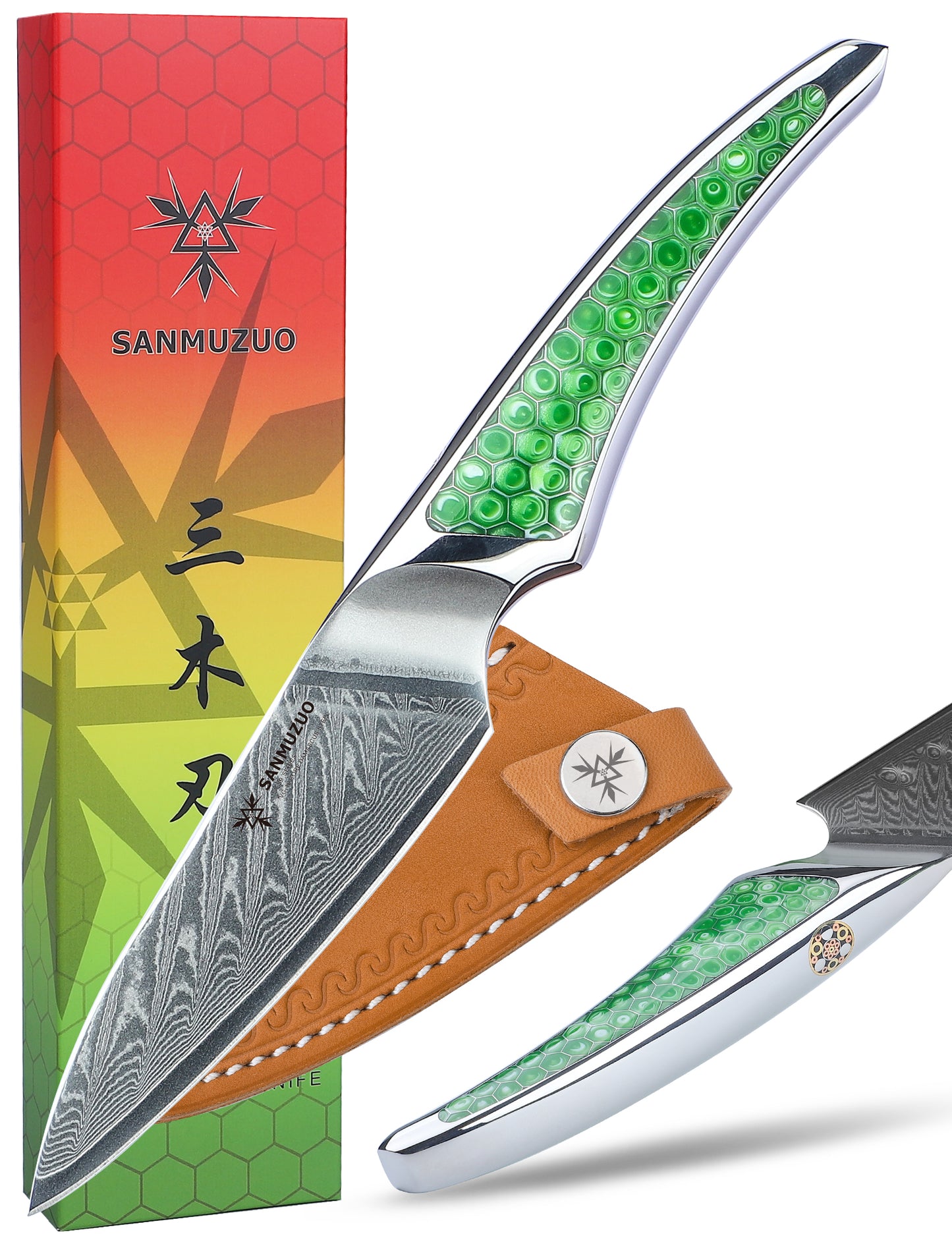 SANMUZUO 3.5 inch Paring Knife, Japanese VG-10 Damascus Steel Kitchen Knife, Ultra Sharp Fruit Knife with Full-tang Handle in Honeycomb Resin, LA-S9 Series