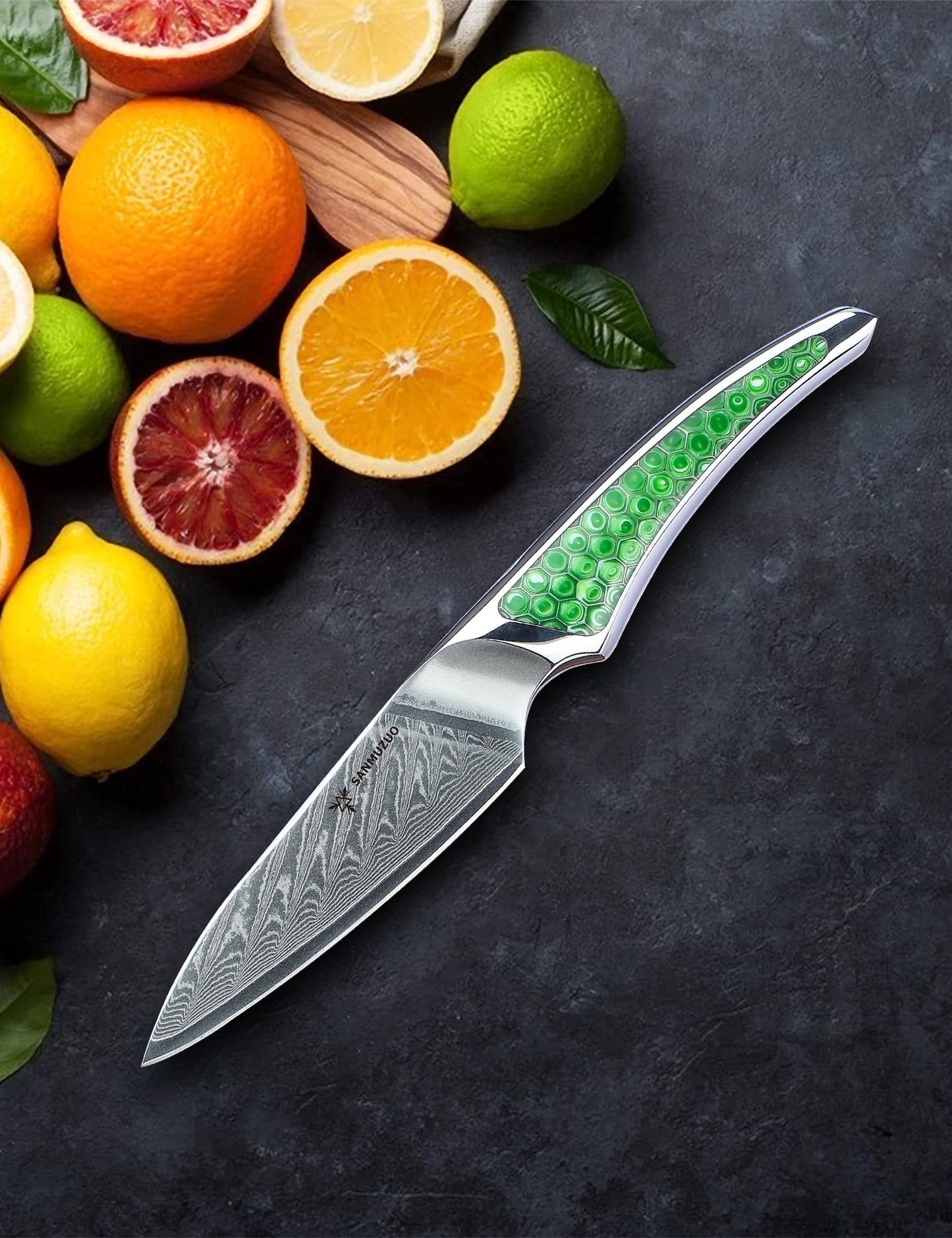 SANMUZUO 3.5 inch Paring Knife, Japanese VG-10 Damascus Steel Kitchen Knife, Ultra Sharp Fruit Knife with Full-tang Handle in Honeycomb Resin, LA-S9 Series