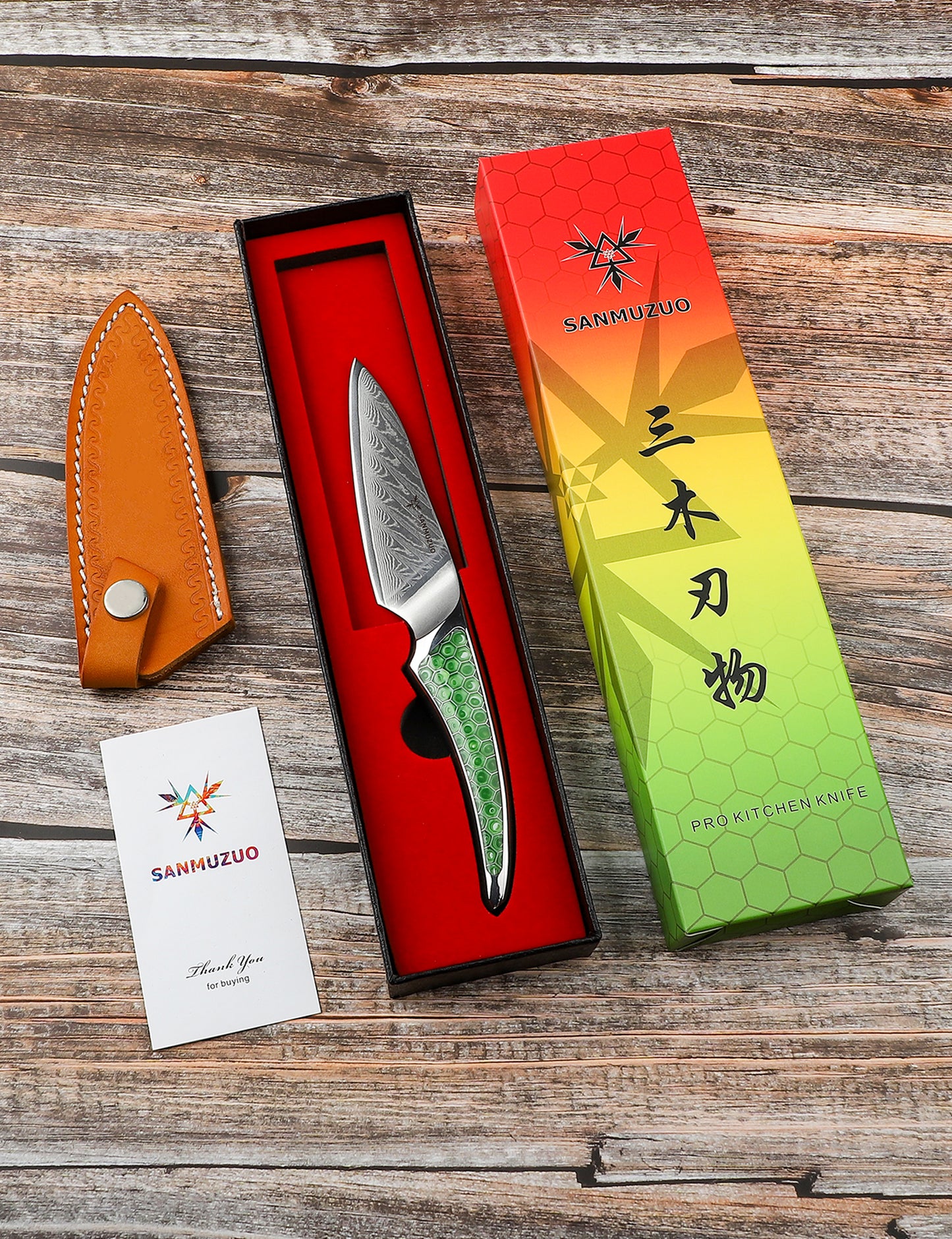 SANMUZUO 3.5 inch Paring Knife, Japanese VG-10 Damascus Steel Kitchen Knife, Ultra Sharp Fruit Knife with Full-tang Handle in Honeycomb Resin, LA-S9 Series