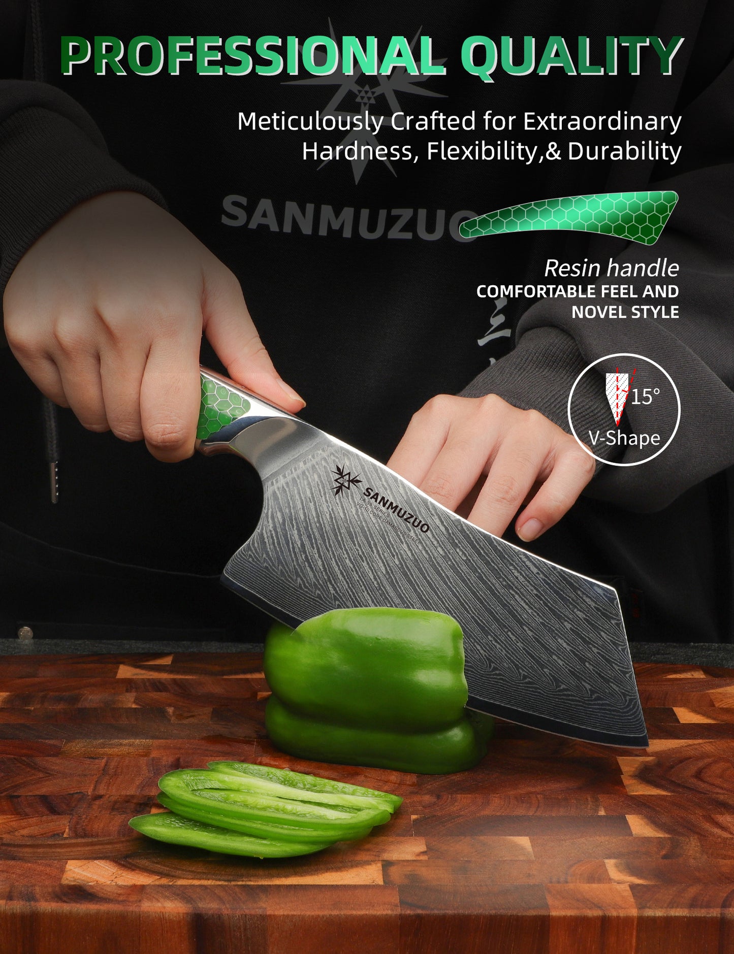 SANMUZUO 7 inch Nakiri Knife, Japanese VG-10 Damascus Steel Meat Cleaver, Ultra Sharp Vegetable Knife with Full-tang Handle in Honeycomb Resin, LA-S9 Series